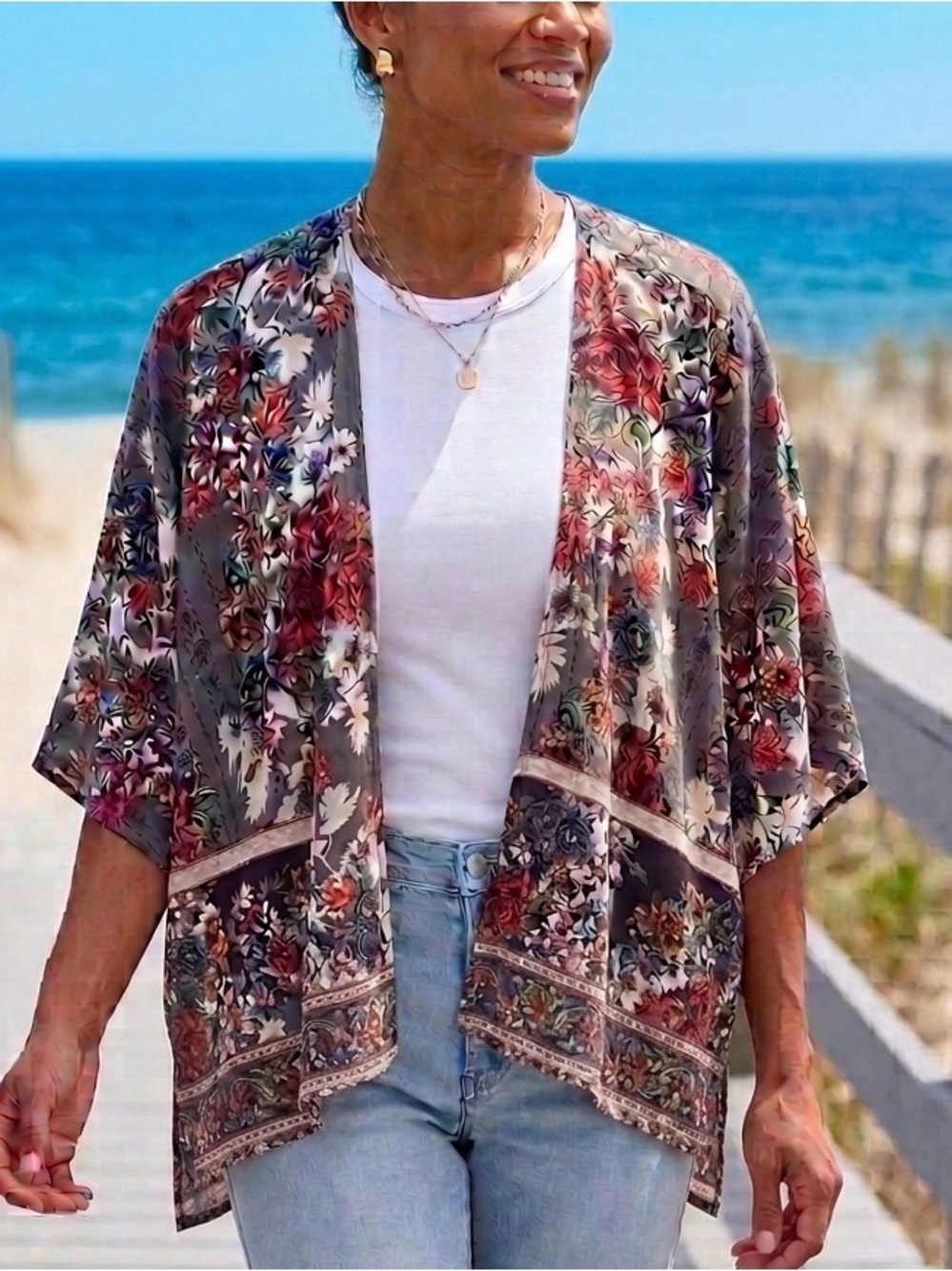 Angie bohemian Taupe Floral Open-Front Kimono
